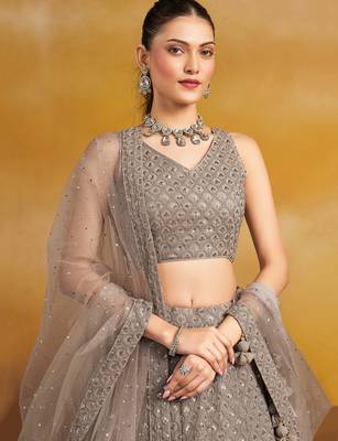 GREY GEORGETTE SEQUINS THREAD EMBROIDERED LEHENGA CHOLI 3