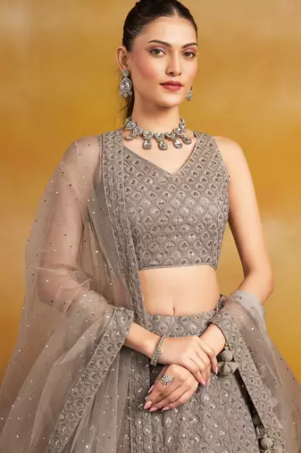 GREY GEORGETTE SEQUINS THREAD EMBROIDERED LEHENGA CHOLI