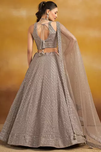 GREY GEORGETTE SEQUINS THREAD EMBROIDERED LEHENGA CHOLI