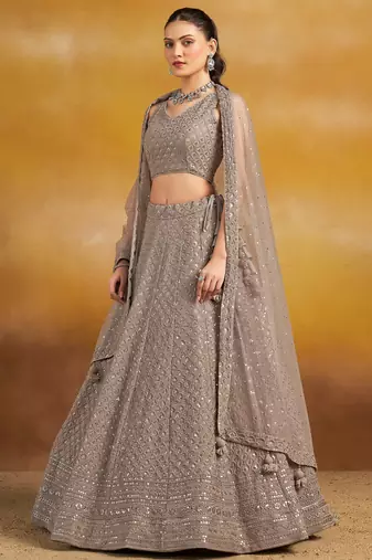 GREY GEORGETTE SEQUINS THREAD EMBROIDERED LEHENGA CHOLI