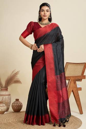 Black silk blend saree with temple border and striped thread pallu