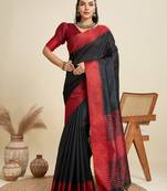 Black silk blend saree with temple border and striped thread pallu