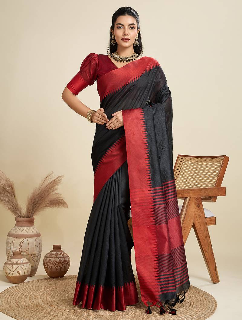 Black silk blend saree with temple border and striped thread pallu