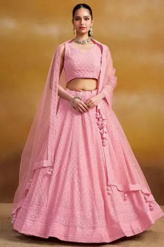 LIGHT PINK GEORGETTE SEQUINS THREAD EMBROIDERED LEHENGA CHOLI
