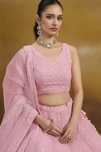 LIGHT PINK GEORGETTE SEQUINS THREAD EMBROIDERED LEHENGA CHOLI
