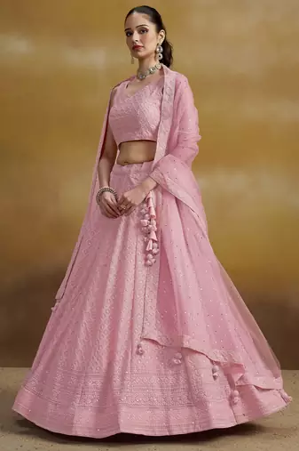 LIGHT PINK GEORGETTE SEQUINS THREAD EMBROIDERED LEHENGA CHOLI
