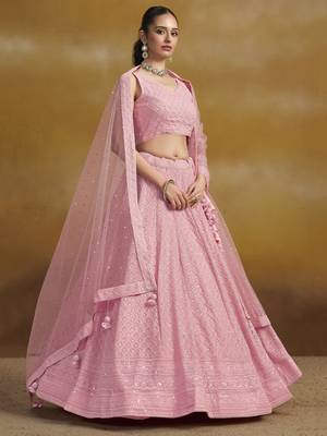 LIGHT PINK GEORGETTE SEQUINS THREAD EMBROIDERED LEHENGA CHOLI 6