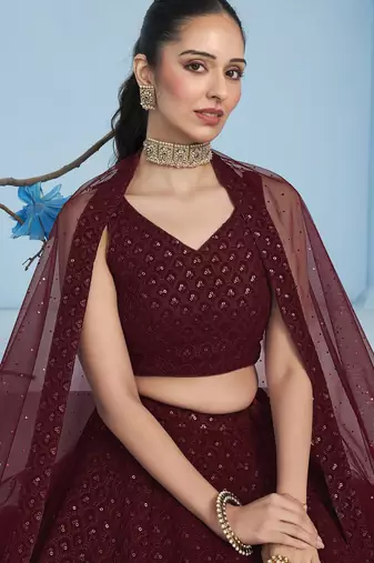 MAROON GEORGETTE SEQUINS THREAD EMBROIDERED LEHENGA CHOLI