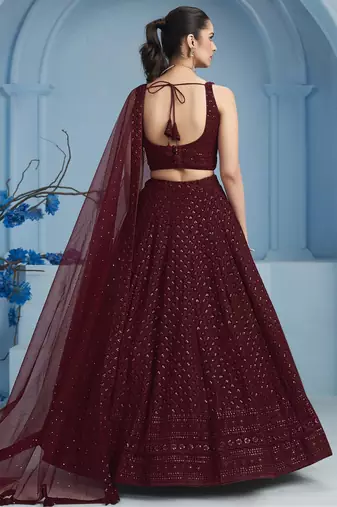 MAROON GEORGETTE SEQUINS THREAD EMBROIDERED LEHENGA CHOLI