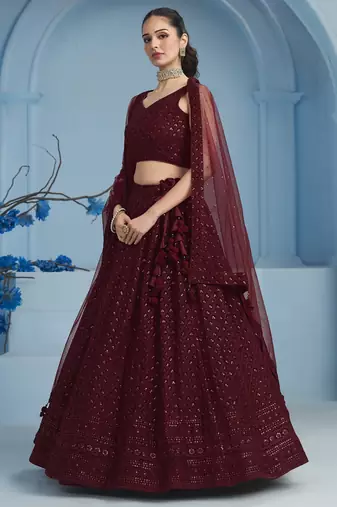 MAROON GEORGETTE SEQUINS THREAD EMBROIDERED LEHENGA CHOLI