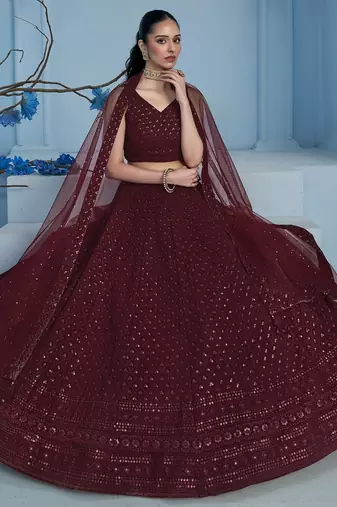MAROON GEORGETTE SEQUINS THREAD EMBROIDERED LEHENGA CHOLI