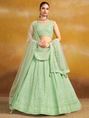MINT GREEN GEORGETTE SEQUINS THREAD EMBROIDERED LEHENGA CHOLI 1