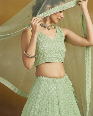 MINT GREEN GEORGETTE SEQUINS THREAD EMBROIDERED LEHENGA CHOLI 3