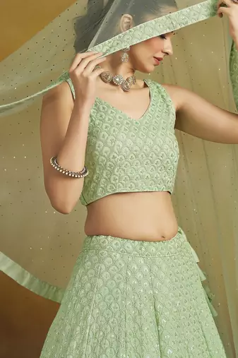 MINT GREEN GEORGETTE SEQUINS THREAD EMBROIDERED LEHENGA CHOLI