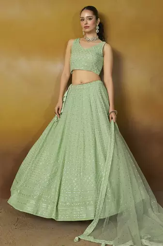 MINT GREEN GEORGETTE SEQUINS THREAD EMBROIDERED LEHENGA CHOLI