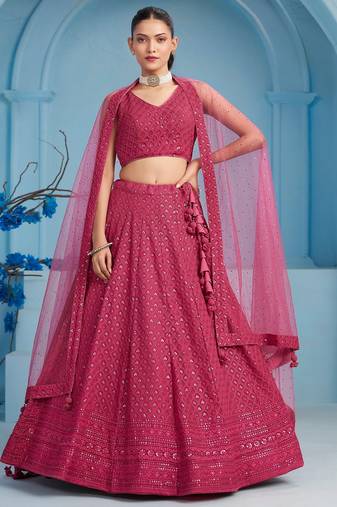 PINK GEORGETTE SEQUINS THREAD EMBROIDERED LEHENGA CHOLI