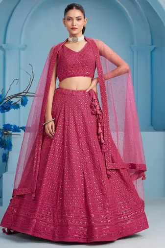 PINK GEORGETTE SEQUINS THREAD EMBROIDERED LEHENGA CHOLI