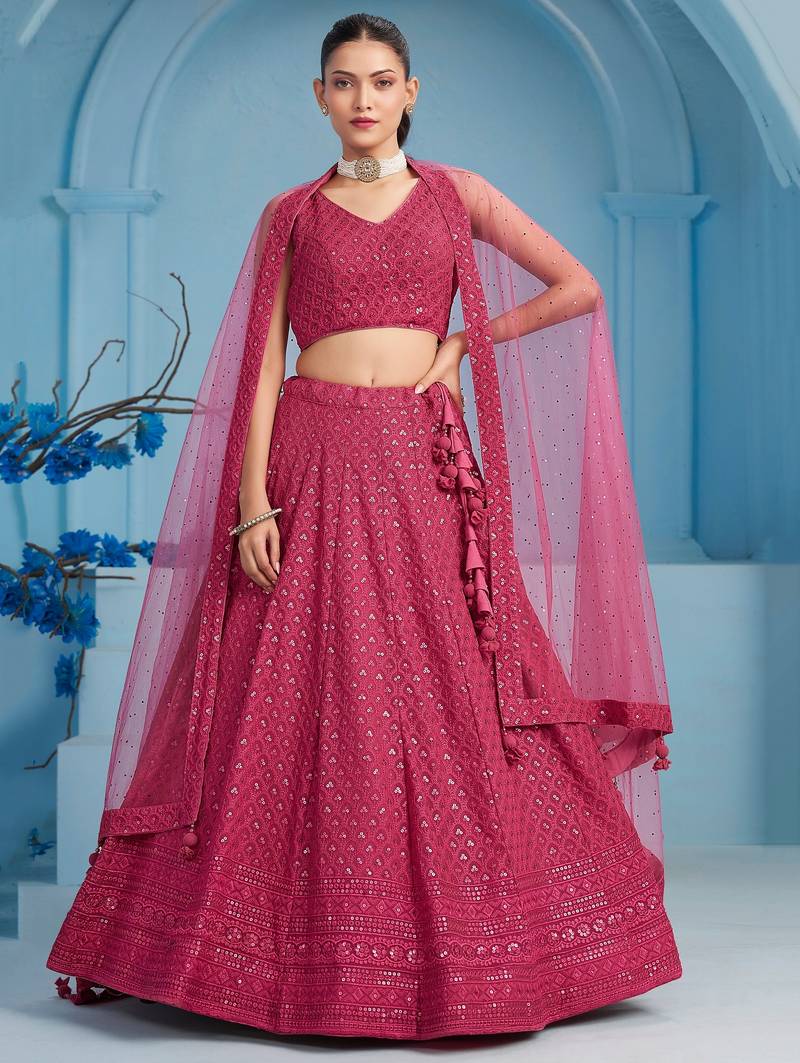 PINK GEORGETTE SEQUINS THREAD EMBROIDERED LEHENGA CHOLI