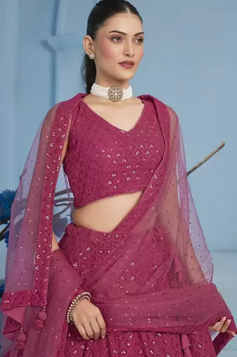 PINK GEORGETTE SEQUINS THREAD EMBROIDERED LEHENGA CHOLI