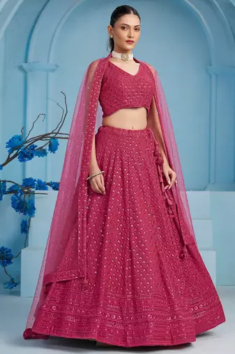 PINK GEORGETTE SEQUINS THREAD EMBROIDERED LEHENGA CHOLI