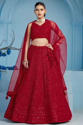 RED GEORGETTE SEQUINS THREAD EMBROIDERED LEHENGA CHOLI