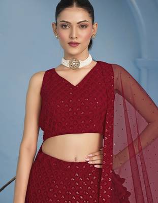 RED GEORGETTE SEQUINS THREAD EMBROIDERED LEHENGA CHOLI 3