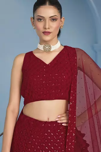 RED GEORGETTE SEQUINS THREAD EMBROIDERED LEHENGA CHOLI