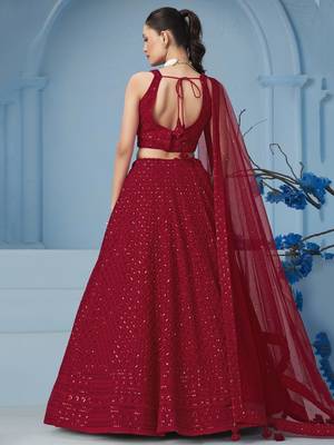 RED GEORGETTE SEQUINS THREAD EMBROIDERED LEHENGA CHOLI 4