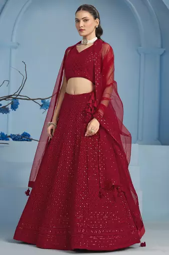 RED GEORGETTE SEQUINS THREAD EMBROIDERED LEHENGA CHOLI