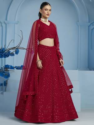 RED GEORGETTE SEQUINS THREAD EMBROIDERED LEHENGA CHOLI 6