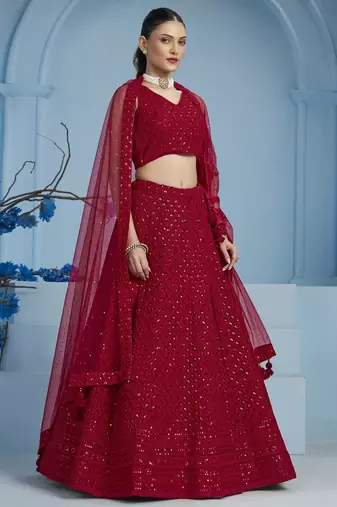 RED GEORGETTE SEQUINS THREAD EMBROIDERED LEHENGA CHOLI