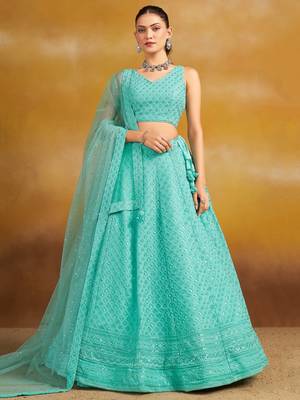 SKY BLUE GEORGETTE SEQUINS THREAD EMBROIDERED LEHENGA CHOLI 1