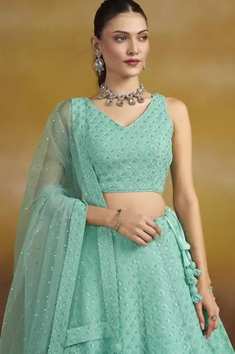 SKY BLUE GEORGETTE SEQUINS THREAD EMBROIDERED LEHENGA CHOLI