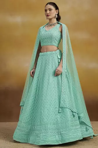 SKY BLUE GEORGETTE SEQUINS THREAD EMBROIDERED LEHENGA CHOLI