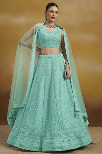 SKY BLUE GEORGETTE SEQUINS THREAD EMBROIDERED LEHENGA CHOLI