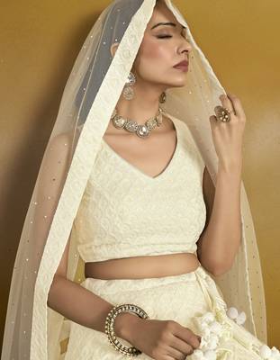 WHITE GEORGETTE SEQUINS THREAD EMBROIDERED LEHENGA CHOLI 3