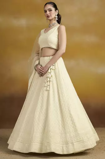 WHITE GEORGETTE SEQUINS THREAD EMBROIDERED LEHENGA CHOLI