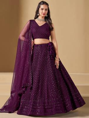 WINE GEORGETTE SEQUINS THREAD EMBROIDERED LEHENGA CHOLI 1