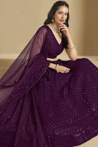 WINE GEORGETTE SEQUINS THREAD EMBROIDERED LEHENGA CHOLI