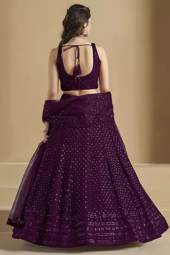 WINE GEORGETTE SEQUINS THREAD EMBROIDERED LEHENGA CHOLI