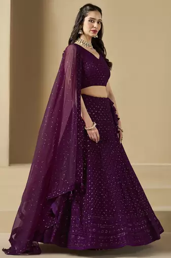 WINE GEORGETTE SEQUINS THREAD EMBROIDERED LEHENGA CHOLI