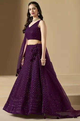 WINE GEORGETTE SEQUINS THREAD EMBROIDERED LEHENGA CHOLI