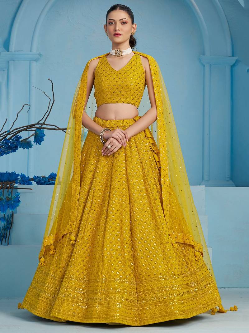 YELLOW GEORGETTE SEQUINS THREAD EMBROIDERED LEHENGA CHOLI