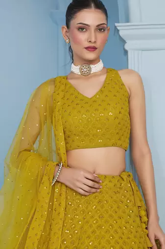 YELLOW GEORGETTE SEQUINS THREAD EMBROIDERED LEHENGA CHOLI