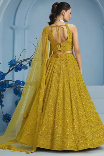 YELLOW GEORGETTE SEQUINS THREAD EMBROIDERED LEHENGA CHOLI