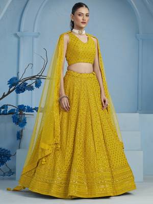 YELLOW GEORGETTE SEQUINS THREAD EMBROIDERED LEHENGA CHOLI 5