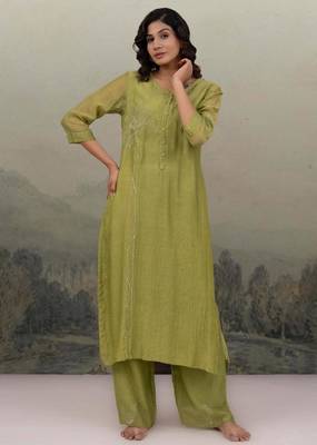 Mehndi green sequins flower yoke kurta set 1
