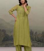Mehndi green sequins flower yoke kurta set