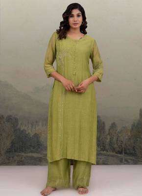 Mehndi green sequins flower yoke kurta set 2