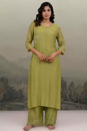 Mehndi green sequins flower yoke kurta set